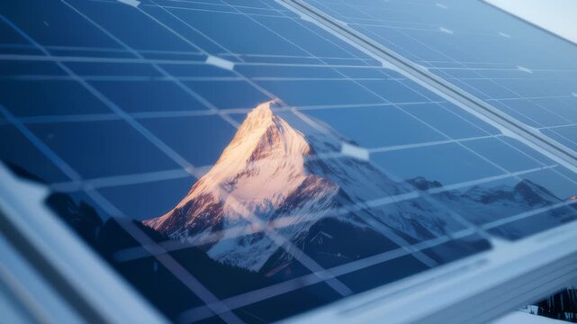 Solar Panel Reflecting Snowy Mountains Clean Energy Solution