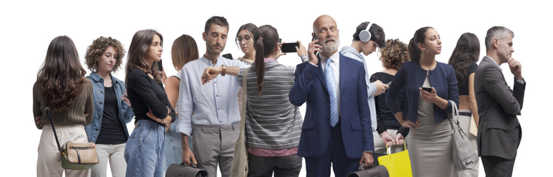 Group of people waiting together, men and women of different ages, isolated on transparent background