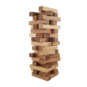 Stacked wooden blocks in tower jenga game isolated on a transparent background