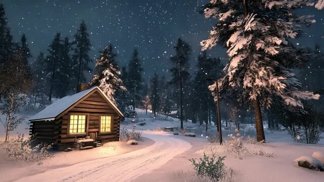 Cozy Cabin in Snowy Forest Night.