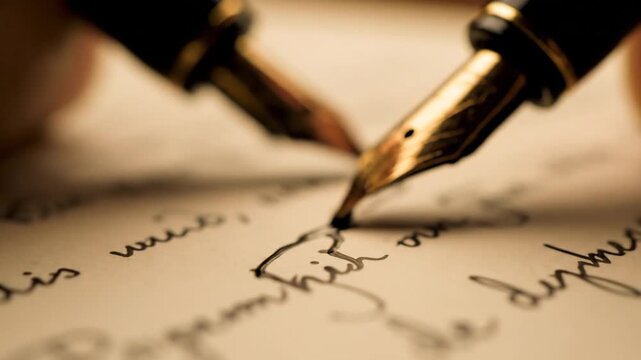 A close-up shot focuses on a gold-nib fountain pen smoothly writing elegant cursive script onto vintage, sepia-toned paper. The writer's hand moves steadily across the page, creating classic calligra
