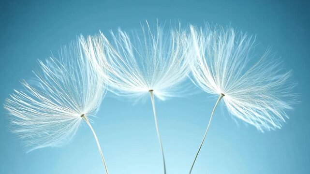 Dandelion Seeds Floating in Blue Sky.