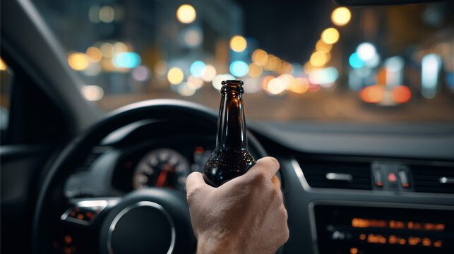 Caucasian man holding a beer bottle while driving car at night. Drunk driving concept. Dangerous behavior on road, accident risk.
