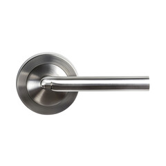 Brushed stainless steel lever door handle with round rose plate isolated on a black background, showcasing modern design and metallic texture, perfect for architectural and interior design projects.