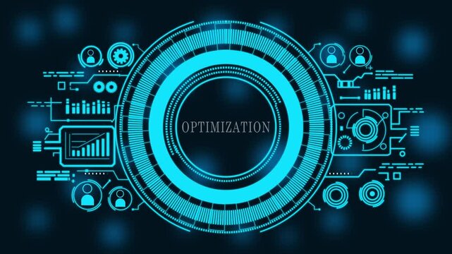  Futuristic Optimization Analytics Dashboard Interface with Blue Neon HUD Elements Showing Business Data Visualization, Digital Strategy Insights, Market Analysis, Technology Innovation,