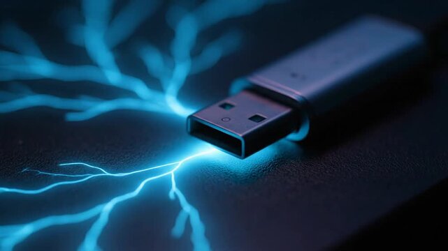 Dynamic footage of a USB drive on a black surface. Beginning with a faint glow, intense blue lightning and plasma rapidly erupt and spread from the connector, visualizing high-speed data transfer and