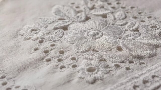 Medium shot of intricate floral cutwork and eyelet schiffli embroidery highlighting delicate perforated textile patterns and detailed threadwork.