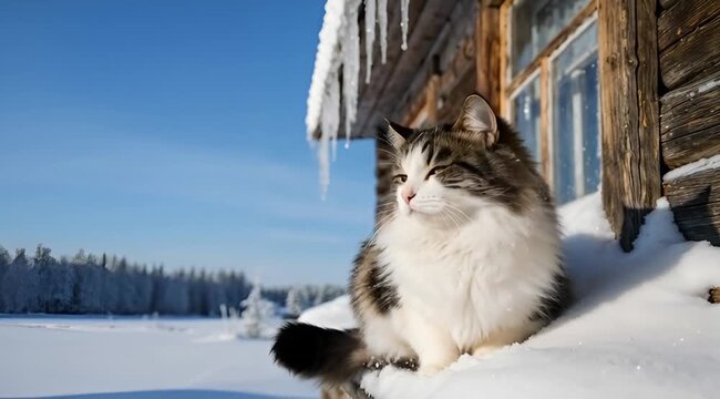 Fluffy cat squinting in the sun while sitting on snow near a wooden cabin in winter landscape