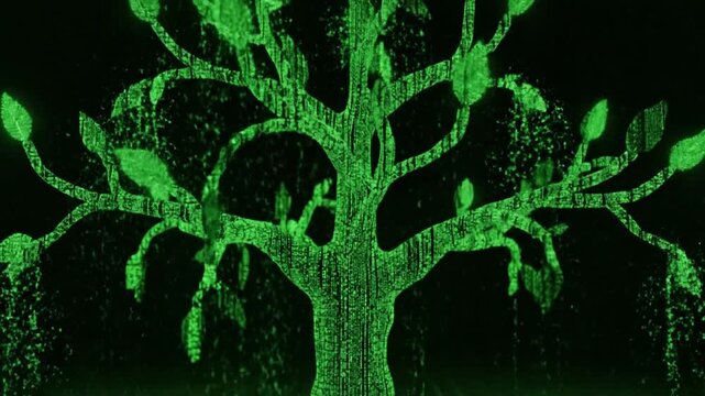 A stylized tree, constructed from streams of green binary code, digitally grows from a grid into a full canopy, culminating in brightly glowing, luminous leaves against a dark background.