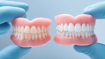 Fototapeta premium Detailed Illustration of Two Sets of Dentures Showcasing Transformation and Aesthetic Appeal of Dental Care