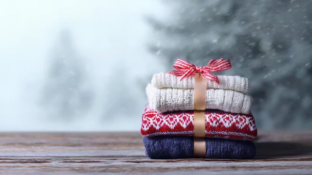 Stack of folded winter sweaters tied with  ribbon gift outdoors against falling snow