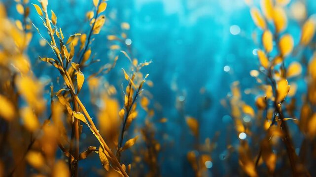 Close up of golden brown seaweed stalks against  bright blue bokeh underwater