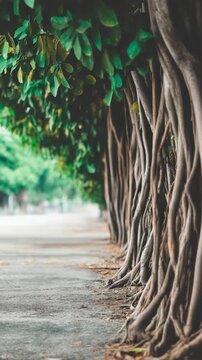 Row of banyan tree trunks with aerial roots borders  blurred path beneath lush green leaves