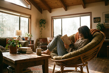 A woman relaxes with a book and a steaming mug in a cozy wicker papasan chair. Sunlit, rustic living room creating a peaceful, hygge atmosphere.