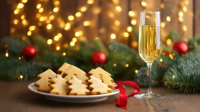 Christmas tree cookies and champagne flute with holiday lights bokeh