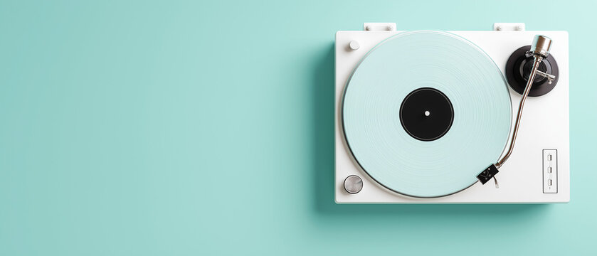 White record player with a light blue vinyl record on a minimalist background. Vintage music entertainment for retro sound recording.