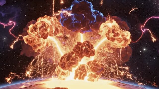 A cosmic explosion erupts with energy flares and nebula clouds, set against a starfield