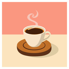 Obraz premium Hot Coffee Cup on Wooden Coaster Flat Illustration