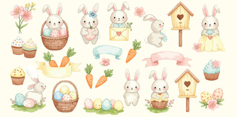 Easter themed illustration with bunnies eggs baskets and spring flowers and sweets
