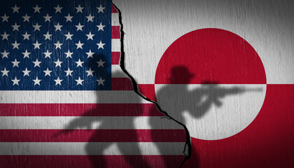 Conceptual image of USA and Greenland flags on a cracked wall with silhouettes of soldiers....