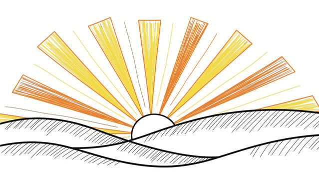 Sunrise vector illustration with orange and yellow rays over wavy lines