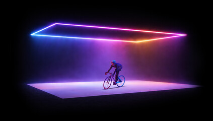 Fototapeta premium Expressive artwork cyclist training under multicolor neon geometry. Concept of creative sport aesthetics, bold sports branding, modern cycling identity, and advertising layouts.