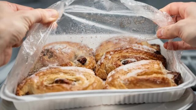 Closeup medium shot of compostable film packaging being peeled from frozen pastries highlighting its flexible transparent material designed for lowtemperature use.