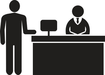 A man talking to a receptionist behind a desk