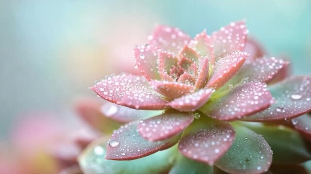 Succulent Plant with Dew Drops Closeup.