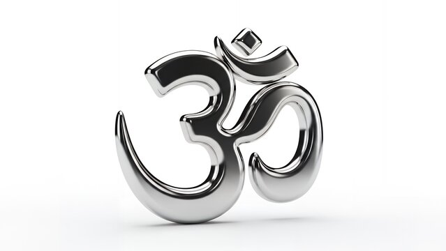 Shiny metallic Om symbol isolated on a clean surface, viewed from a slight angle, showcasing its reflective properties and intricate design