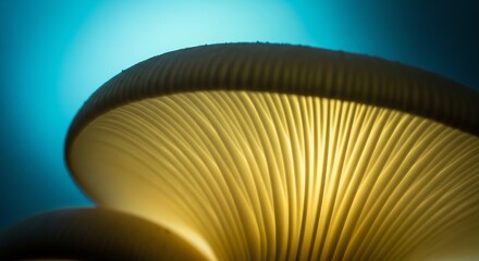 Mushroom gills closeup with blue background