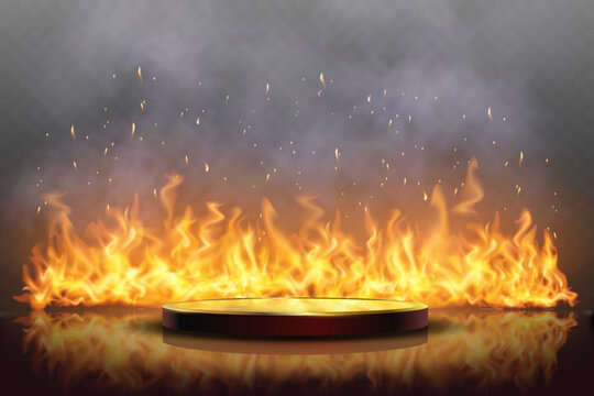 Fire podium with flames and burning background.