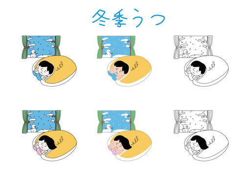 ゆるい主線のベクター素材・降雪する窓辺で寝具にくるまり塞ぎ込む人物・寒冷期の沈んだ気分や意欲低下の表現・季節に伴う体調変化・静養・休養