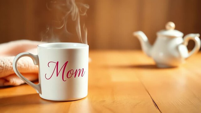 mom mug on wooden table with teapot cozy kitchen scene