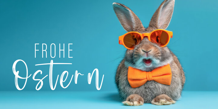 Frohe Ostern, Gru&szlig;karte, Karte mit deutschem Text - Lustiger Osterhase Kaninchen Hase mit Sonnenbrille und Fliege, isoliert auf blauem Hintergrund