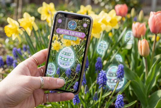Woman hand holding smartphone for virtual egg hunt in spring garden with yellow daffodil flower and purple grape hyacinth using augmented reality technology app for Easter family activity