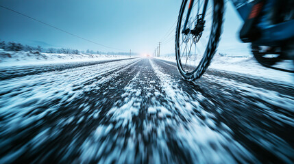 Naklejka premium View from bicycle wheel on snowy road, motion speed, winter weather, extreme ride, freedom and adventure. 