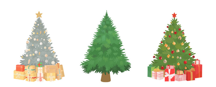 Cartoon Christmas tree with garland, balls, toys and presents. Vector hand drawn Christmas trees character illustration set isolated on white background. Merry Christmas and happy New year. 