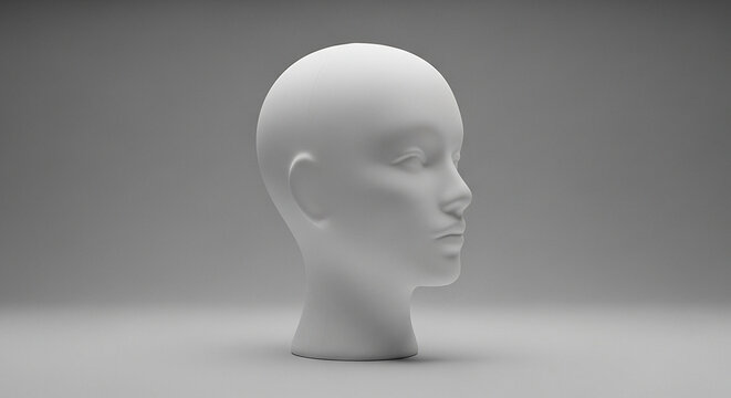 A 3D rendering of a white human head sculpture profile viewed from the side on a gray background