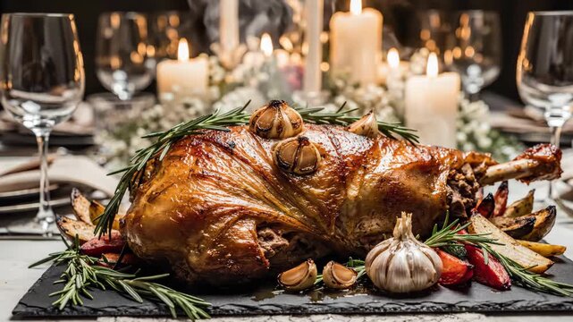 Succulent roasted leg of lamb steaming on a platter. Festive holiday dinner with garlic and rosemary. Gourmet main course for a special celebration