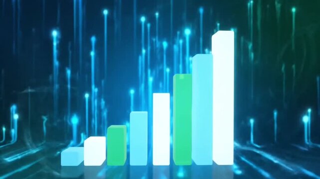 3D financial success report featuring a blue business bar graph and a growth arrow over an abstract black background vector design for market data statistics