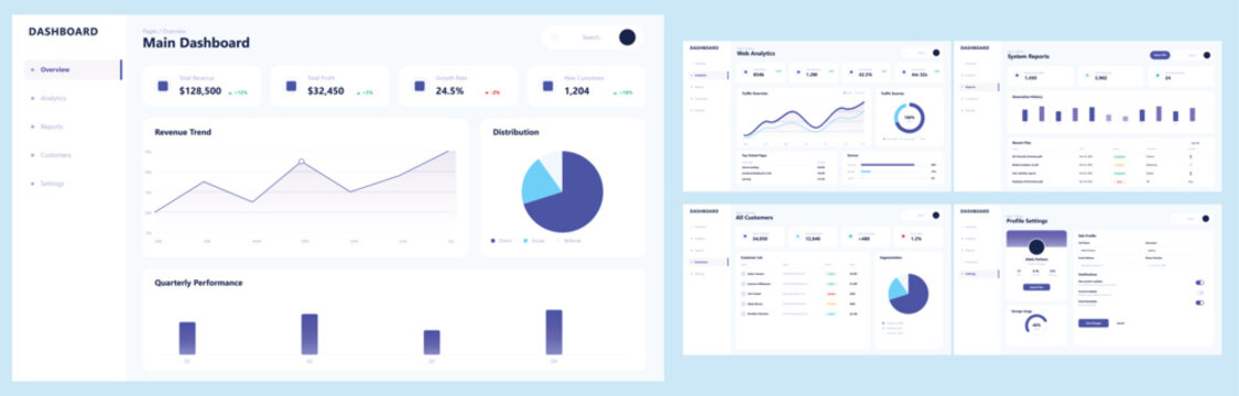 Business analytics dashboard ui kit with modern corporate data visualization blue graphs and charts on white background professional financial analysis and reporting tool