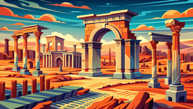 Very beautiful view of Timgad ancient ruins, showcasing Decumanus Maximus street, Roman colonnades, and Trajan&rsquo;s Arch within Algeria&rsquo;s remarkable archaeological heritage.