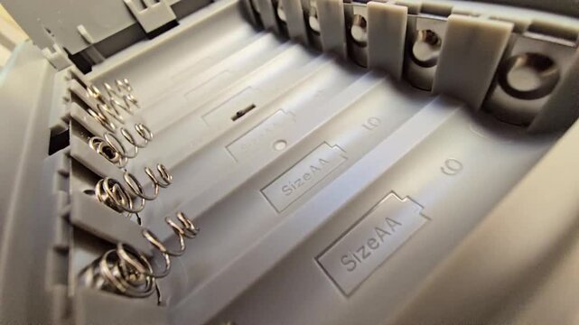 Close-up of an empty double A (AA) battery compartment with polarity markings and battery type selector switch.