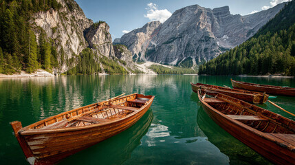 Obraz premium A picturesque view of the dolomite mountains and boats on Lake Braies near Prags, South Tyrol, Italy