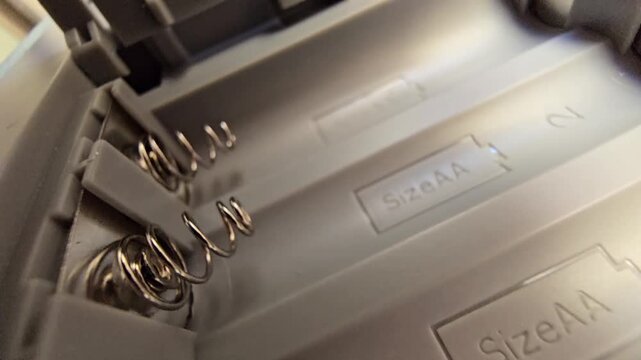 Close-up of an empty double A (AA) battery compartment with polarity markings and battery type selector switch.