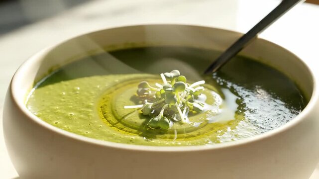 Steaming green detox soup in a bowl with microgreens and olive oil. Healthy vegan vegetable puree for weight loss and nutrition. Hot spinach or broccoli cream soup close up