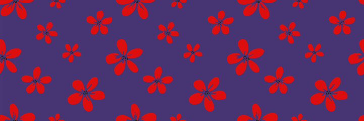 Seamless vector floral pattern with bold red flowers on a deep purple background. Modern minimal design with a striking contrast for fabric, wrapping, and fashion prints © incarnadine