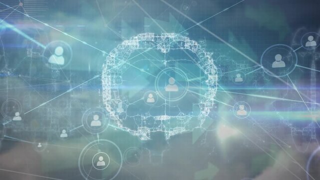 Animation of network of profile icons over spinning human brain against clouds in the sky