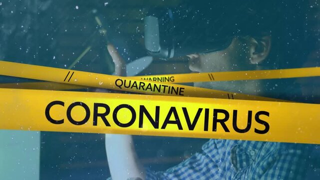 Animation of coronavirus quarantine text on yellow hazard tape over lights and data processing